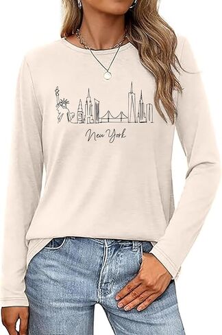 Women's Long Sleeve Shirts New York Letter Print Casual Loose Crew Neck Funny Graphic Tops in Saudi Arabia