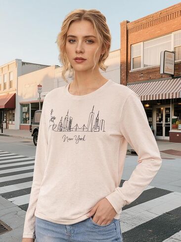 Women's Long Sleeve Shirts New York Letter Print Casual Loose Crew Neck Funny Graphic Tops in Saudi Arabia
