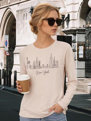 Women's Long Sleeve Shirts New York Letter Print Casual Loose Crew Neck Funny Graphic Tops in Saudi Arabia