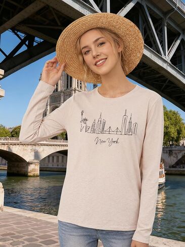 Women's Long Sleeve Shirts New York Letter Print Casual Loose Crew Neck Funny Graphic Tops in Saudi Arabia