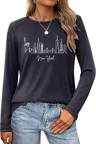 Women's Long Sleeve Shirts New York Letter Print Casual Loose Crew Neck Funny Graphic Tops in Saudi Arabia