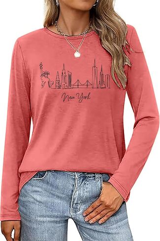 Women's Long Sleeve Shirts New York Letter Print Casual Loose Crew Neck Funny Graphic Tops in Saudi Arabia