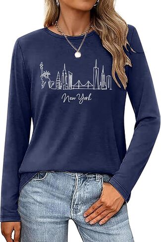 Women's Long Sleeve Shirts New York Letter Print Casual Loose Crew Neck Funny Graphic Tops in Saudi Arabia