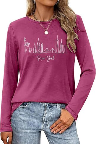 Women's Long Sleeve Shirts New York Letter Print Casual Loose Crew Neck Funny Graphic Tops in Saudi Arabia