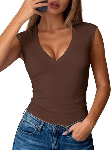 PRETTYGARDEN Womens T Shirts Spring Fashion 2026 V Neck Sleeveless Cute Going Out Tops Plain Fitted Tank Top Y2k Outfits in Saudi Arabia
