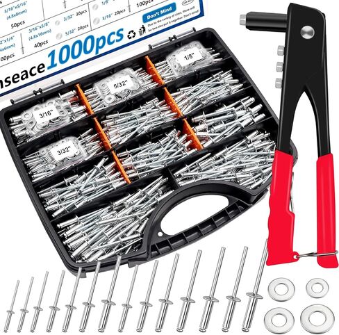 smseace 1001Pcs Pop Rivet Gun Kit Black Pop Rivets, Large Flange Rivets, Washers and Rivets Gun Tool Packed in Portable Toolbox with Color Label for Metal, Furniture, Automotive, Instruments in Saudi Arabia