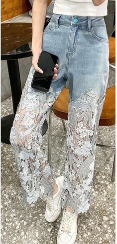 xxxiticat Women's Lace Denim Pants High Waisted Hollow Out Asymmetric Floral Patchwork Ripped Straight Leg Jeans Trouser in Saudi Arabia
