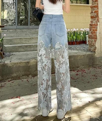xxxiticat Women's Lace Denim Pants High Waisted Hollow Out Asymmetric Floral Patchwork Ripped Straight Leg Jeans Trouser in Saudi Arabia