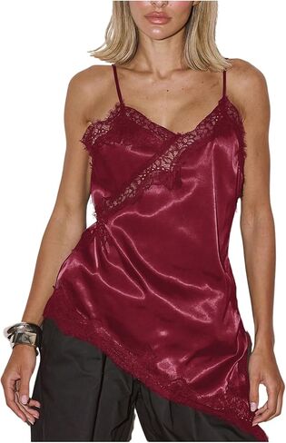 Verdusa Women's Lace Satin Flowy Cami Tops Sleeveless High Low Going Out Tops Rave Outfits in Saudi Arabia