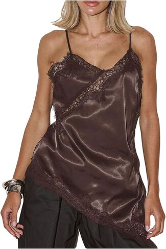 Verdusa Women's Lace Satin Flowy Cami Tops Sleeveless High Low Going Out Tops Rave Outfits in Saudi Arabia