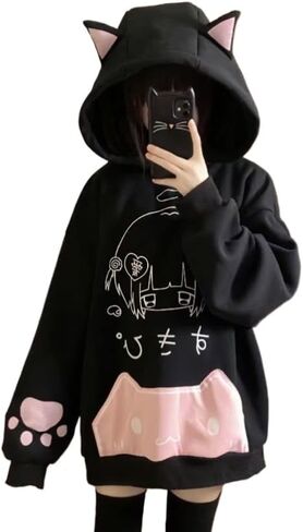 Women Y2k Harajuku Kawaii Anime Cat Ear Hoodie Coquette Streetwear Preppy Cute Paw Print Oversized Casual Sweatshirt in Kuwait
