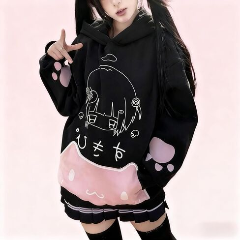 Women Y2k Harajuku Kawaii Anime Cat Ear Hoodie Coquette Streetwear Preppy Cute Paw Print Oversized Casual Sweatshirt in Kuwait