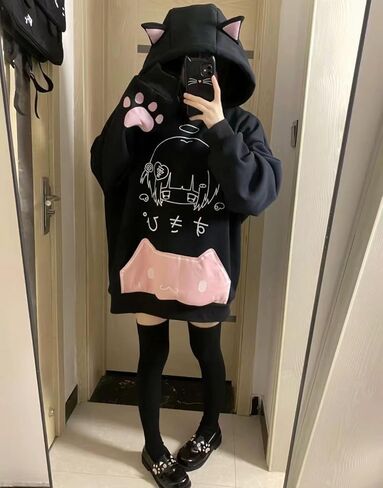 Women Y2k Harajuku Kawaii Anime Cat Ear Hoodie Coquette Streetwear Preppy Cute Paw Print Oversized Casual Sweatshirt in Kuwait