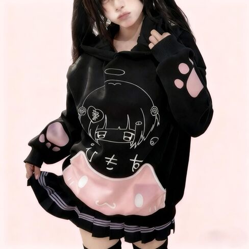Women Y2k Harajuku Kawaii Anime Cat Ear Hoodie Coquette Streetwear Preppy Cute Paw Print Oversized Casual Sweatshirt in Kuwait