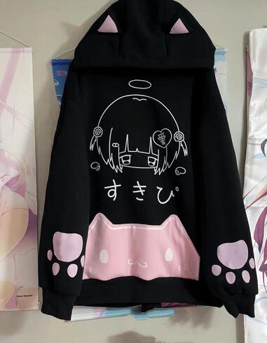 Women Y2k Harajuku Kawaii Anime Cat Ear Hoodie Coquette Streetwear Preppy Cute Paw Print Oversized Casual Sweatshirt in Kuwait