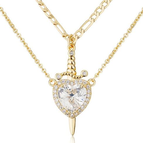 GulCean Heart Sword Necklace For Couples Stainless Steel Twist Water Wave Chain Cuban Chain Dainty Trendy Matching Sword And Heart Necklace Set Jewelry Gift in Kuwait