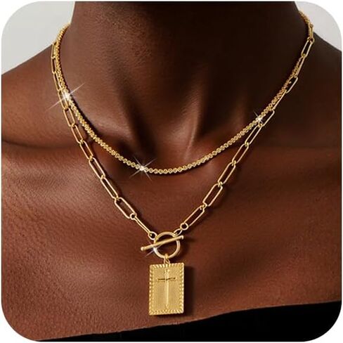 OOOPEL Layered Cross Pendant Necklace for Women, Trendy Non Tarnish 14k Gold Plated/Silver Chunky Pendant Necklace,Sturdy Toggle Clasp Paperclip Cross Necklace,Jewelry Set for Women in Saudi Arabia