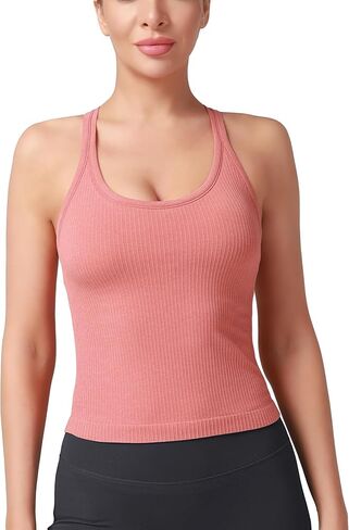 Seamless Ribbed Workout Racerback Tank Tops with Built in Bra for Women Apple-Green S in Saudi Arabia