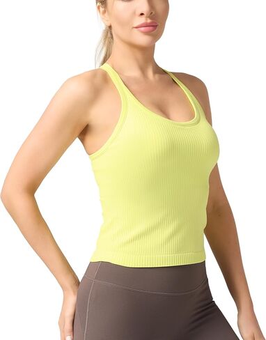 Seamless Ribbed Workout Racerback Tank Tops with Built in Bra for Women Apple-Green S in Saudi Arabia