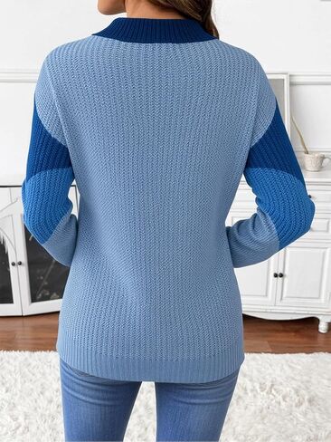Women Colorblock Chevron Pattern Knit Pullover, Long Sleeve Drop Shoulder Sweater for Travel Leisure Layering in Saudi Arabia