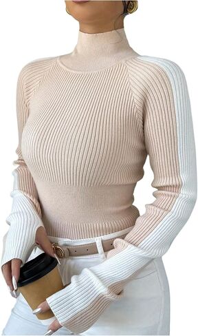 OYOANGLE Women's Color Block Sweater Turtleneck Long Sleeve Pullover Ribbed Knit Tops in Saudi Arabia