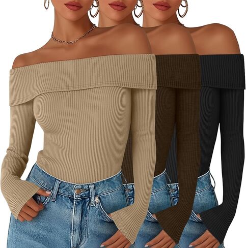 3 قطع من سترات نسائية مكشوفة الكتف وأكمام طويلة ومتماسكة ومضلعة وقميص خريفي مناسب للخروج وسترة صوفية in Kuwait