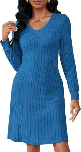 PerZeal Women's Casual V Neck Long Sleeve Knit 2025 Trendy Fall Dresses Solid Color A Line Midi Dress Sweater Dress in Saudi Arabia