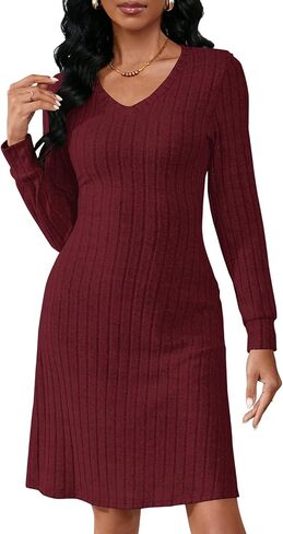 PerZeal Women's Casual V Neck Long Sleeve Knit 2025 Trendy Fall Dresses Solid Color A Line Midi Dress Sweater Dress in Saudi Arabia