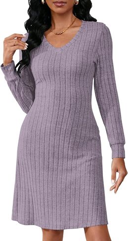 PerZeal Women's Casual V Neck Long Sleeve Knit 2025 Trendy Fall Dresses Solid Color A Line Midi Dress Sweater Dress in Saudi Arabia