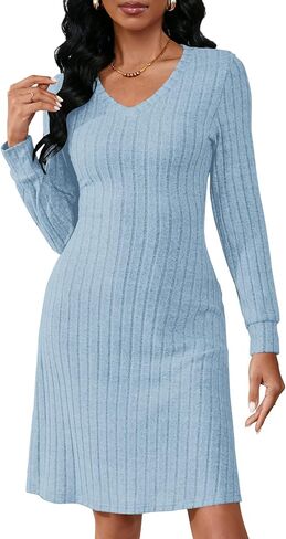 PerZeal Women's Casual V Neck Long Sleeve Knit 2025 Trendy Fall Dresses Solid Color A Line Midi Dress Sweater Dress in Saudi Arabia