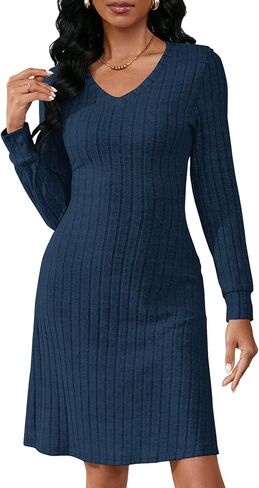 PerZeal Women's Casual V Neck Long Sleeve Knit 2025 Trendy Fall Dresses Solid Color A Line Midi Dress Sweater Dress in Saudi Arabia
