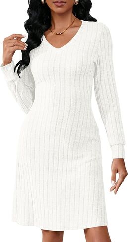 PerZeal Women's Casual V Neck Long Sleeve Knit 2025 Trendy Fall Dresses Solid Color A Line Midi Dress Sweater Dress in Saudi Arabia