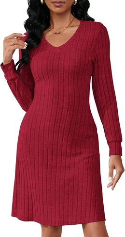 PerZeal Women's Casual V Neck Long Sleeve Knit 2025 Trendy Fall Dresses Solid Color A Line Midi Dress Sweater Dress in Saudi Arabia