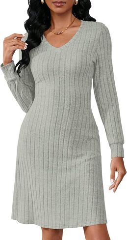 PerZeal Women's Casual V Neck Long Sleeve Knit 2025 Trendy Fall Dresses Solid Color A Line Midi Dress Sweater Dress in Saudi Arabia