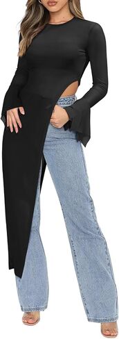 BWQ Womens Long Bell Sleeve Mesh Sheer High Low Asymmetrical Sexy Tunics Blouse Shirt Top Dress with Tube Top in Kuwait