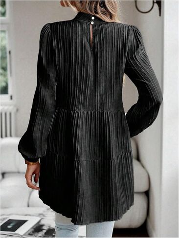 MakeMeChic Women's Lantern Sleeve Blouse Keyhole Pleated Ruffle Hem Dressy Tunic Tops in Saudi Arabia