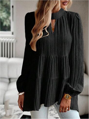 MakeMeChic Women's Lantern Sleeve Blouse Keyhole Pleated Ruffle Hem Dressy Tunic Tops in Saudi Arabia