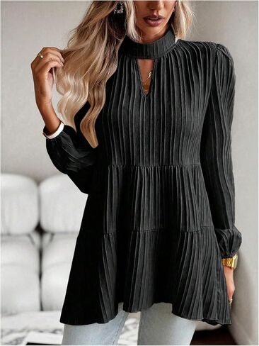 MakeMeChic Women's Lantern Sleeve Blouse Keyhole Pleated Ruffle Hem Dressy Tunic Tops in Saudi Arabia