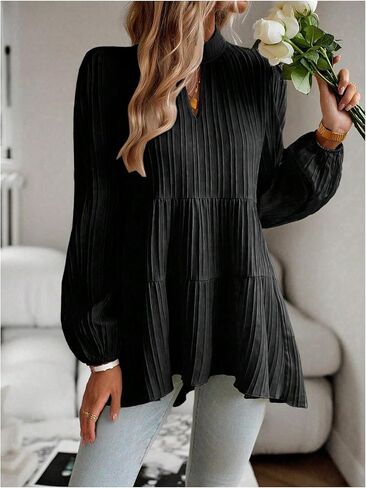 MakeMeChic Women's Lantern Sleeve Blouse Keyhole Pleated Ruffle Hem Dressy Tunic Tops in Saudi Arabia