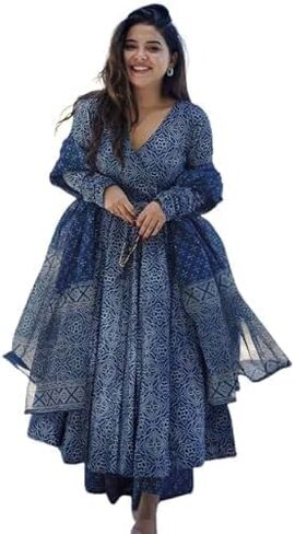 Women's Traditional Cotton Anarkali Printed Kurta with Pant & Dupatta in Saudi Arabia