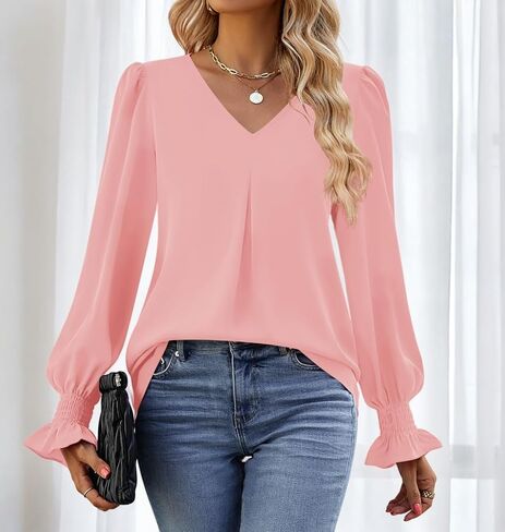 Women's 2025 Long Sleeve Tops Dressy Casual V Neck Tunic Shirts Loose Chiffon Work Blouse in Saudi Arabia