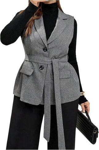 GORGLITTER Women's Plus Size Blazer Vest Business Casual Fall Outfit Sleeveless Belted Button Jacket Vest Dressy Trendy in Saudi Arabia
