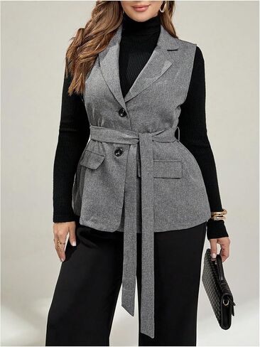 GORGLITTER Women's Plus Size Blazer Vest Business Casual Fall Outfit Sleeveless Belted Button Jacket Vest Dressy Trendy in Saudi Arabia