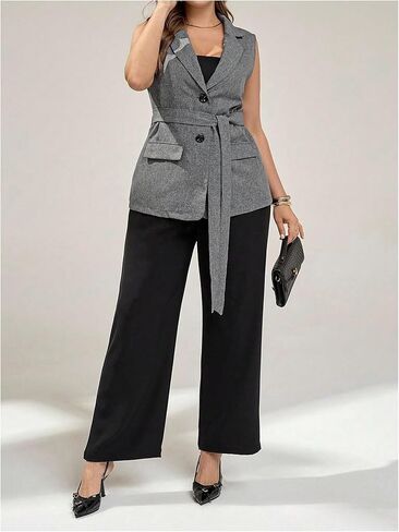 GORGLITTER Women's Plus Size Blazer Vest Business Casual Fall Outfit Sleeveless Belted Button Jacket Vest Dressy Trendy in Saudi Arabia