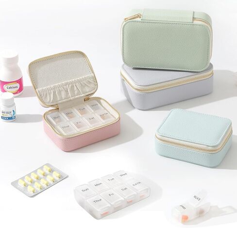 Genuine Leather Travel Pill Organizer Box Case 1 Times a Day for Purse for Women, Cute Medicine Pill Holder Containers for Vitamin Small Weekly Daily 7 Day Am Pm Pill Organizer(Pink) in Kuwait