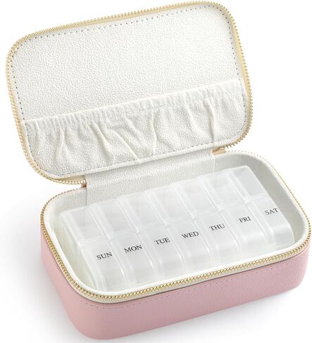 Genuine Leather Travel Pill Organizer Box Case 1 Times a Day for Purse for Women, Cute Medicine Pill Holder Containers for Vitamin Small Weekly Daily 7 Day Am Pm Pill Organizer(Pink) in Kuwait