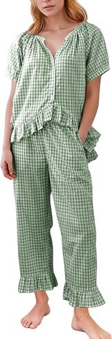 Flygo Womens Plaid 2 قطعة بيجاما مجموعات القماش القطني لأسفل نفخة الأكمام Babydoll قميص الكشكش سراويل Y2K PJS صالة in Kuwait