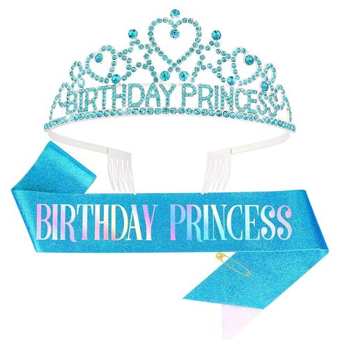 CIEHER Blue Princess Birthday Crown and Sash for Girls, Princess Birthday Party Decorations in Saudi Arabia