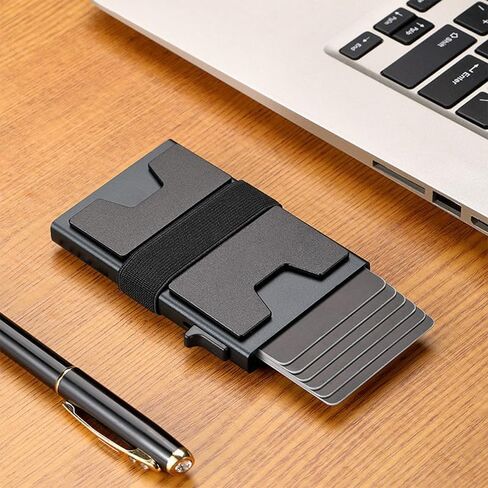 محفظة رفيعة لحمل البطاقات، محفظة لحمل البطاقات، محفظة رجالية صغيرة الحجم بخاصية حجب تحديد الهوية بموجات الراديو، حامل بطاقات ائتمان منبثق مع شريط نقدي للرجال (أسود) in Kuwait