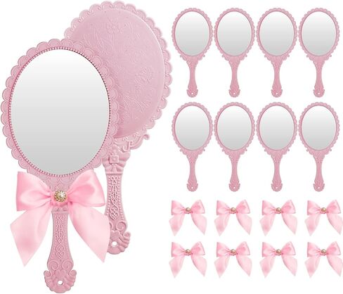Wesiti 8 Pcs Vintage Handheld Mirrors Embossed Flower Princess Mirror with Bow Makeup Cosmetic Glass with Handle for Wedding Party Favors(Brass Gold) in Saudi Arabia